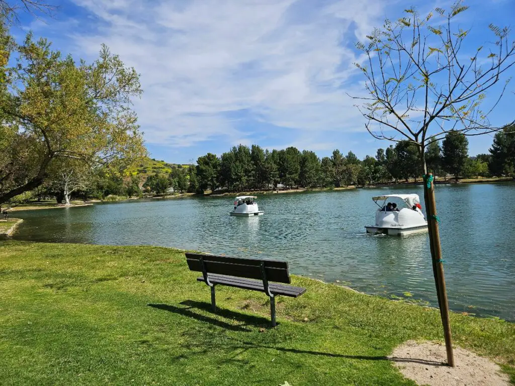 Yorba Linda Regional Park lake with swan-shaped boat 
