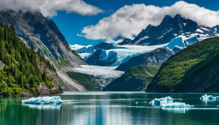 A breathtaking view of Glacier Bay National Park showcasing towering glaciers and a tranquil bay surrounded by mountains.