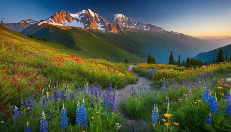A breathtaking view of the Skyline Trail, with snow-capped mountains in the background and vibrant wildflowers blooming along the path.