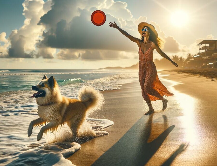 A dog playing happily on the beach with its owner