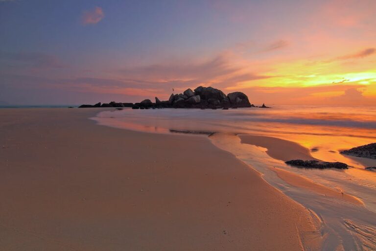 A beautiful beach with clear blue water, golden sand, and people enjoying various beach activities.