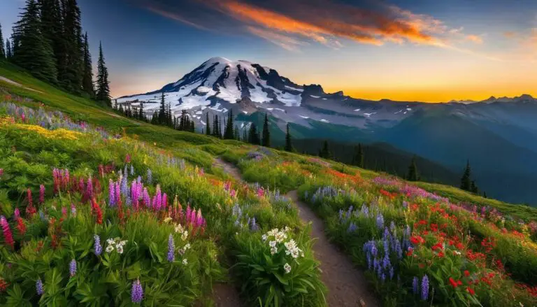 A picturesque view of the Skyline Trail at Mount Rainier, with colorful wildflowers in full bloom and the majestic mountain in the background.