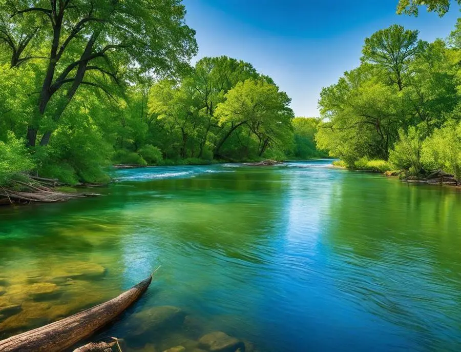A serene view of the Blue River, Oklahoma, surrounded by lush green trees and a clear blue sky, capturing the beauty of this off-the-beaten-path destination.