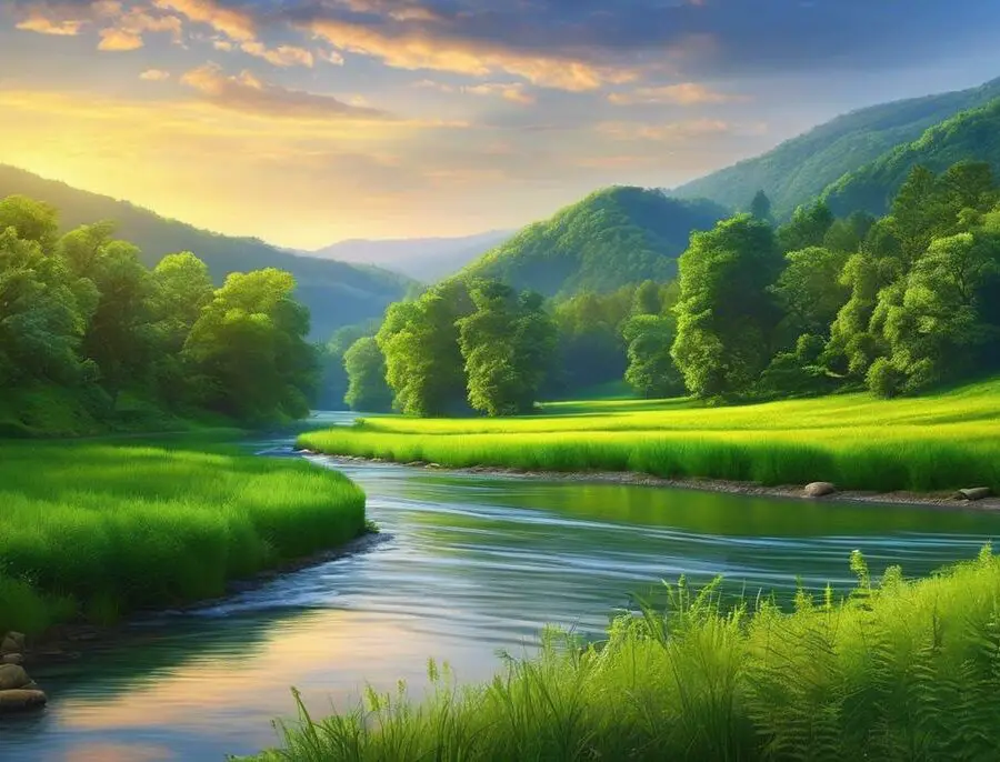 A serene river surrounded by lush green forests and rolling hills