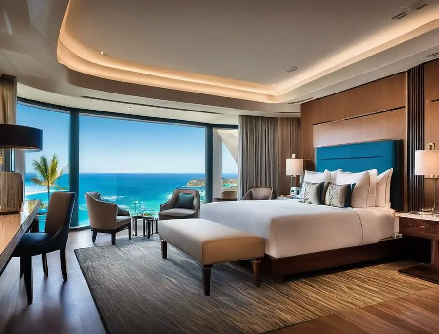 A luxurious hotel room with ocean view, beautifully decorated with modern furnishings and a comfortable bed.