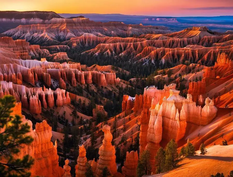 A breathtaking view of Bryce Canyon National Park showcasing towering rock formations and a vibrant sunset