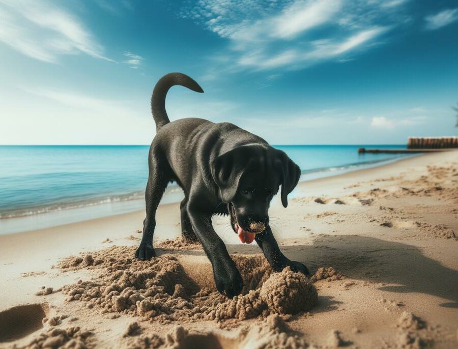 A sandy beach with a black lab happily digging in the sand under a bright blue sky