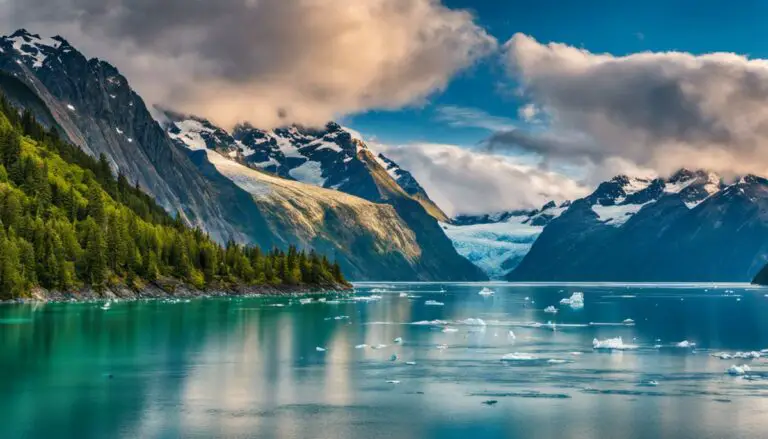 A breathtaking view of Glacier Bay National Park and Preserve, showcasing ice-sculpted peaks, deep fjords, and a stunning glacier.