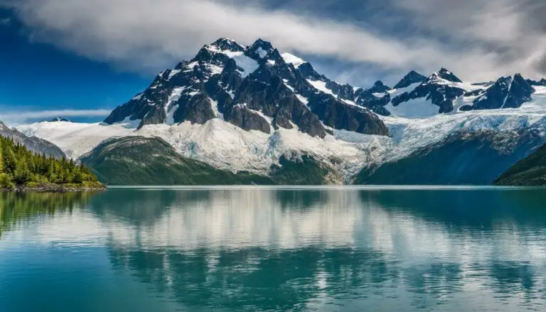 A breathtaking view of towering glaciers and tranquil water bodies in Glacier Bay National Park and Preserve.