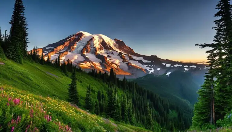 A breathtaking view of Mount Rainier from the Skyline Trail surrounded by meadows and forests.