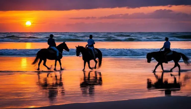 Image of people horseback riding on a beach with beautiful sunset in Myrtle Beach