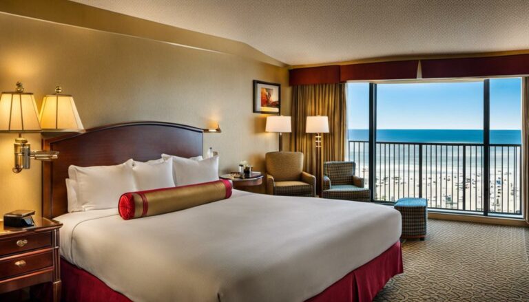A luxurious hotel room with ocean view, showcasing the convenient amenities and comfort provided at Myrtle Beach hotels.