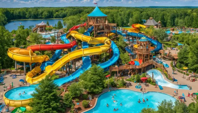 A collage of colorful water park attractions, showcasing the thrilling slides, lazy rivers, and family pools at New England's water parks.