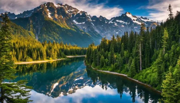 A breathtaking view of North Cascades National Park, showcasing its rugged mountains, cascading waterways, and flourishing fauna.