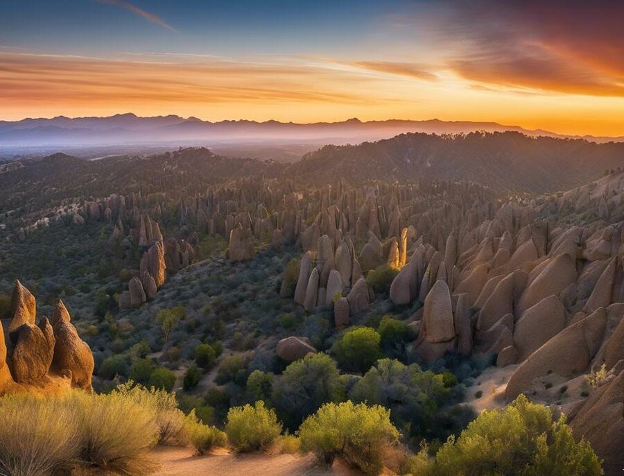 A stunning view of Pinnacles National Park, showing its towering rock spires and scenic landscapes.