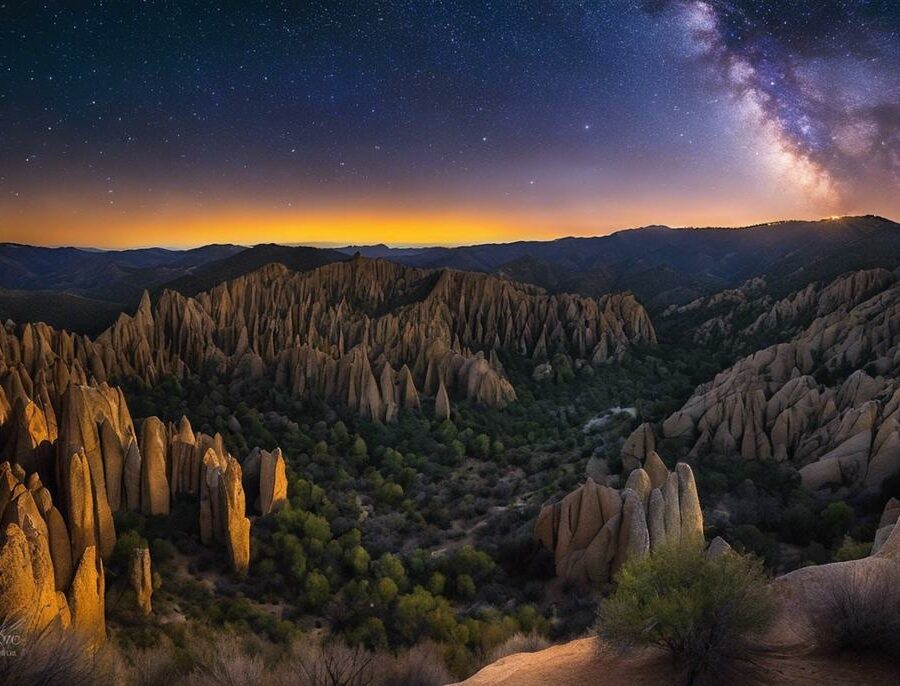 An image of a star-filled sky over the rocky spires of Pinnacles National Park at night.