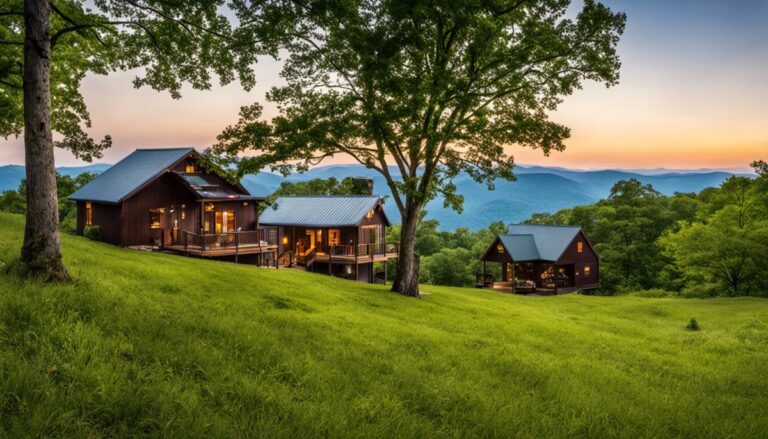 A photo of Shenandoah cabins nestled in the Blue Ridge Mountains, offering breathtaking scenic views.